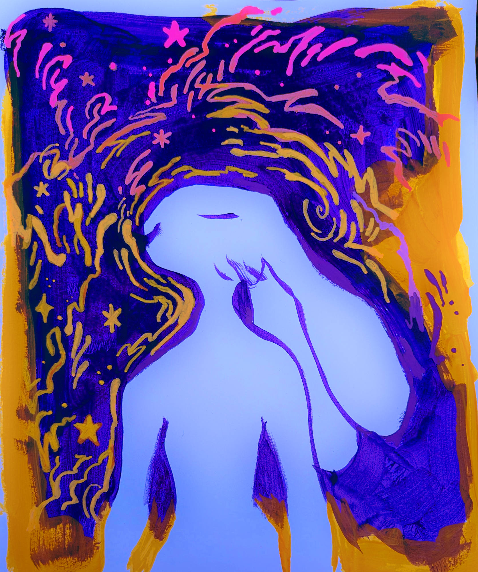 a hare person standing with their eyes closed amidst a bunch of squiggly shapes and stars