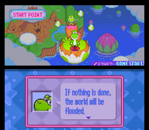 Tetris Attack screenshot of yoshi on a world map and below a text box with yoshi saying -if nothing is done, the world will be flooded-